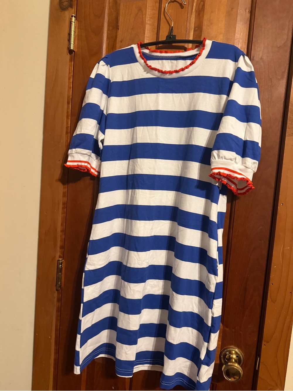 Blue and White Striped Dress with Red Trim